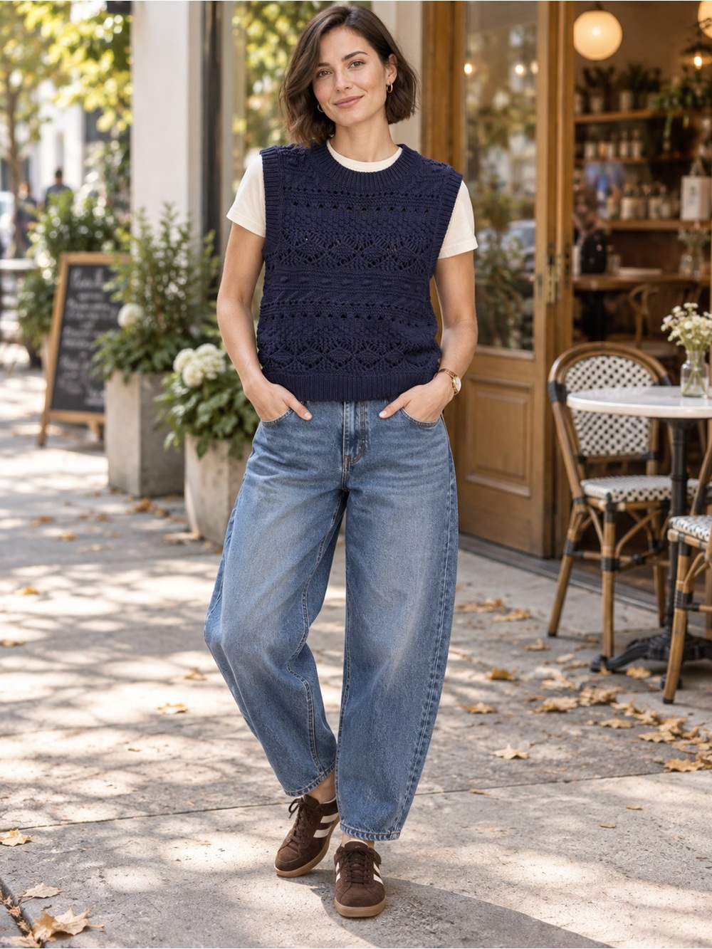 Madewell Navy Blue Crochet Knit Sleeveless Sweater Vest SZ M eclectic grandpa